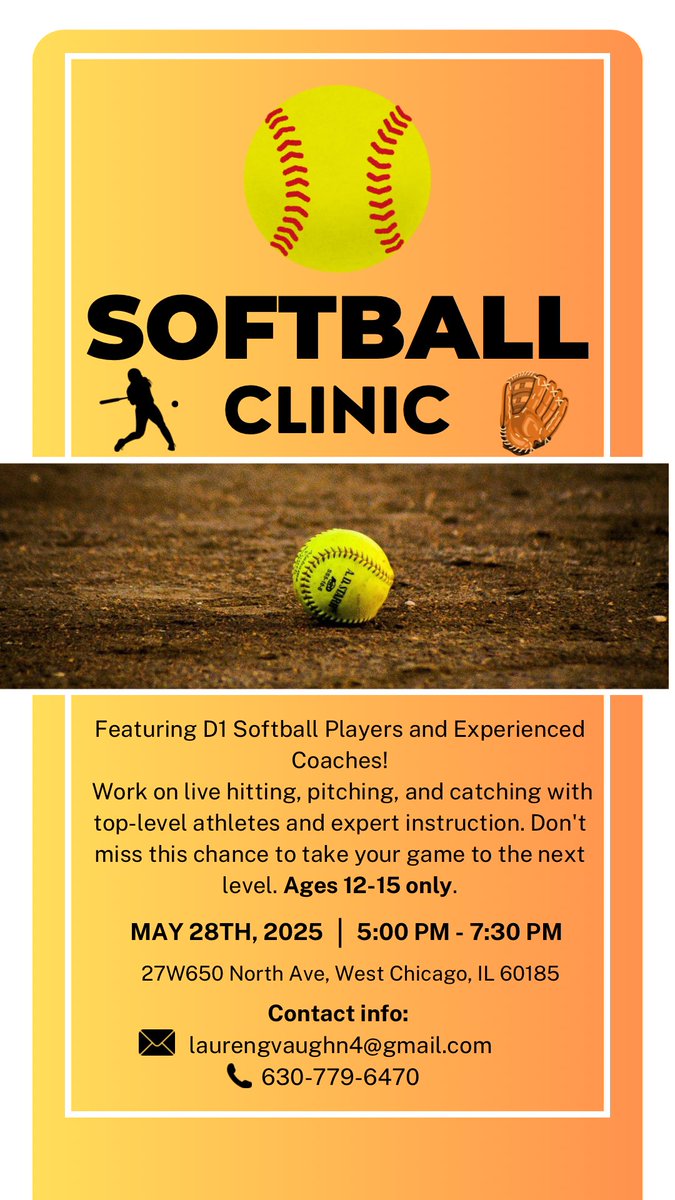 🚨ATTENTION SOFTBALL PLAYERS🚨
If you are interested in taking your game to the next level learning from TOP players and coaches, you should come to this softball clinic!!

When: Wednesday 5/28 5:00-7:30

Please reach out to me or the email provided if interested!