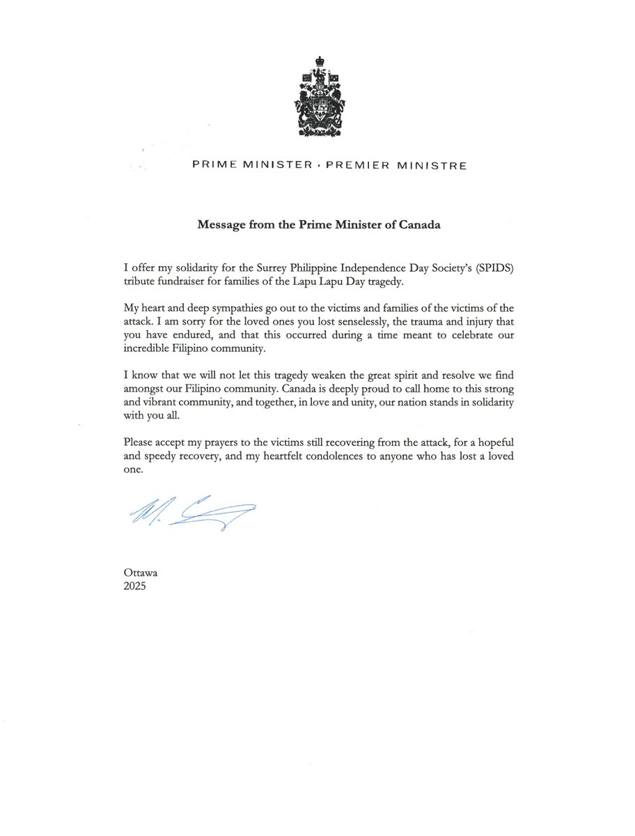 Surrey Filipino Canadians (@spidssurrey) on Twitter photo Message to #SPIDS and the #FilipinoCanadian community from The Rt. Hon. <a href="/MarkJCarney/">Mark Carney</a> at last weekend's Tribute Fundraiser for LapuLapu affected families #SurreyBC Message to #SPIDS and the #FilipinoCanadian community from The Rt. Hon. <a href="/MarkJCarney/">Mark Carney</a> at last weekend's Tribute Fundraiser for LapuLapu affected families #SurreyBC