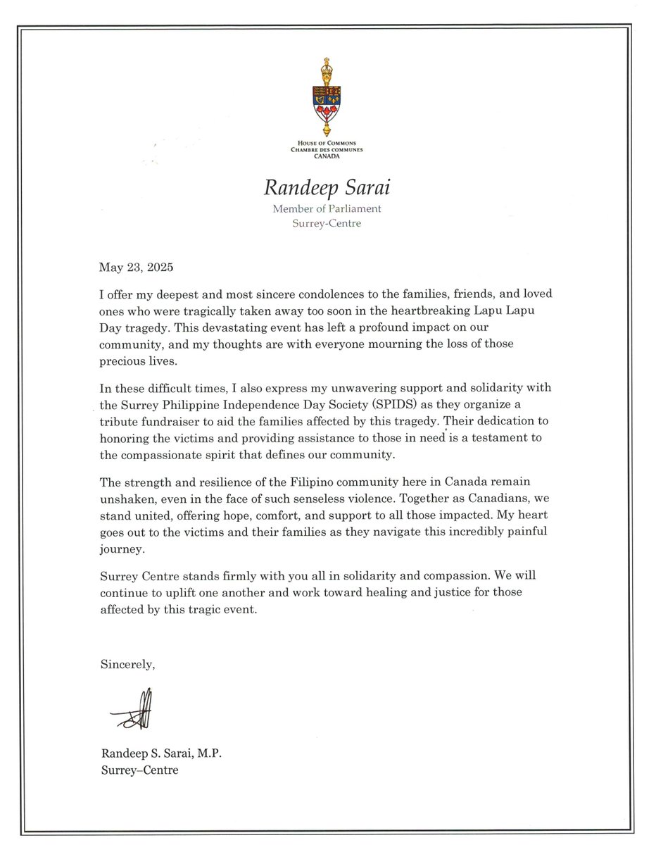 Surrey Filipino Canadians (@spidssurrey) on Twitter photo Message sent to #SPIDS and the Filipino Community from Hon. <a href="/randeepssarai/">Randeep S. Sarai</a> at last weekend's Tribute Fundraiser for LapuLapu affected families held at #SurreyCentre Message sent to #SPIDS and the Filipino Community from Hon. <a href="/randeepssarai/">Randeep S. Sarai</a> at last weekend's Tribute Fundraiser for LapuLapu affected families held at #SurreyCentre