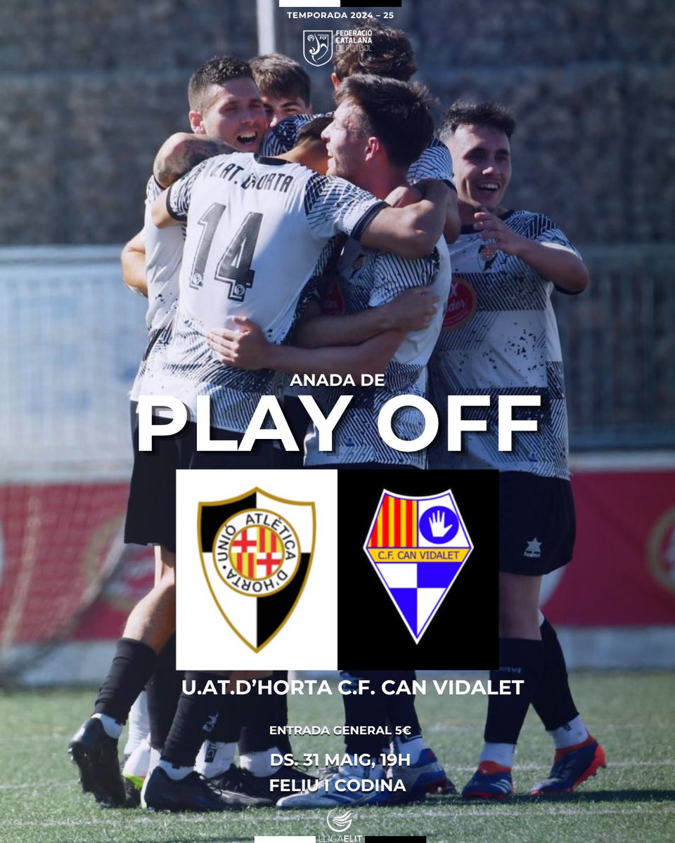 Anada de Play Off‼️

Somiem!💪🏽

🆚 <a href="/cfcanvidalet/">CF Can Vidalet</a> 
🏟️ Feliu i Codina
🗓️ Ds. 31 maig
⏱️ 19h
🎟️ Entrada general: 5€

#VamosHorta⚪️⚫️