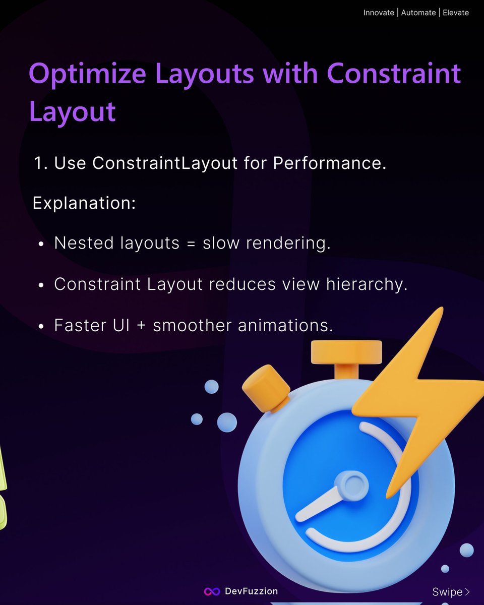 devfuzzion's tweet image. 2 Android Dev Fixes You Can’t Ignore:
1. Replace nested layouts with ConstraintLayout
2. Shrink & protect code using R8/ProGuard
Faster UI. Smaller APK. Better UX.
#AndroidDev #AppOptimization #MobileDev #DevTips #Kotlin #AndroidStudio #ai #software #AppDevelopment
#Android