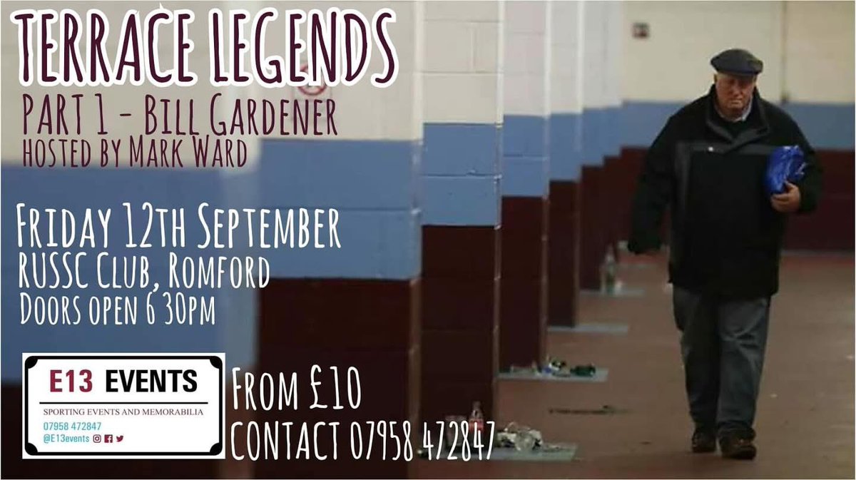Tickets for Terrace Legends part 1 hosted by <a href="/mark7ward/">mark ward</a> RUSSC club Romford will be on sale from 6pm this evening. 
We believe demand will be incredibly high for this event please note Bill and Mark will also be appearing at another venue and date in Dartford TBC.