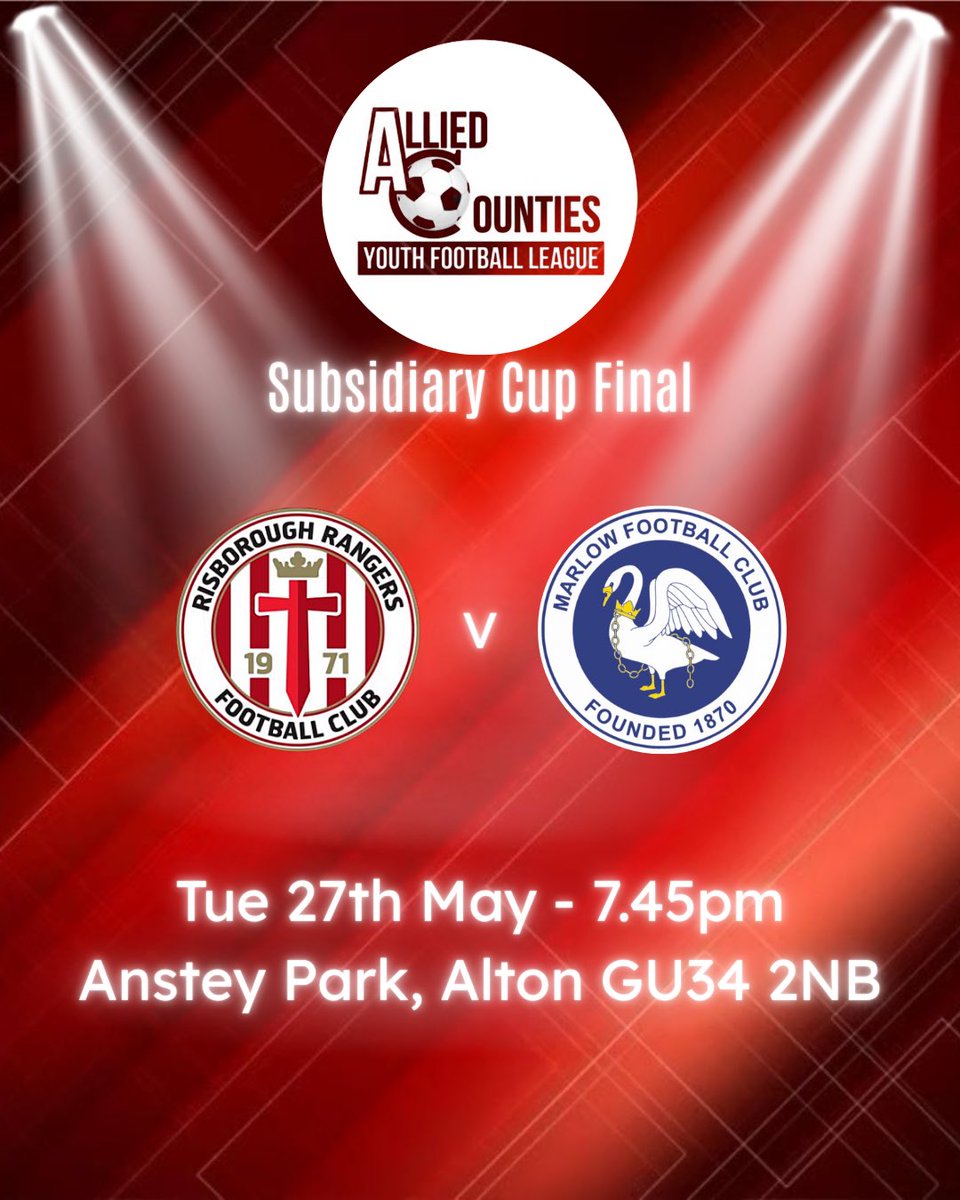 📣 Tonight’s the night!

🏆 AC Youth Subsidiary Cup Final 
⚽️ Rangers u18s take on Marlow u18s
🕣 7.45pm
🏟️ Anstey Park, Alton GU34 2NB

🗣️ Come along and show your support!