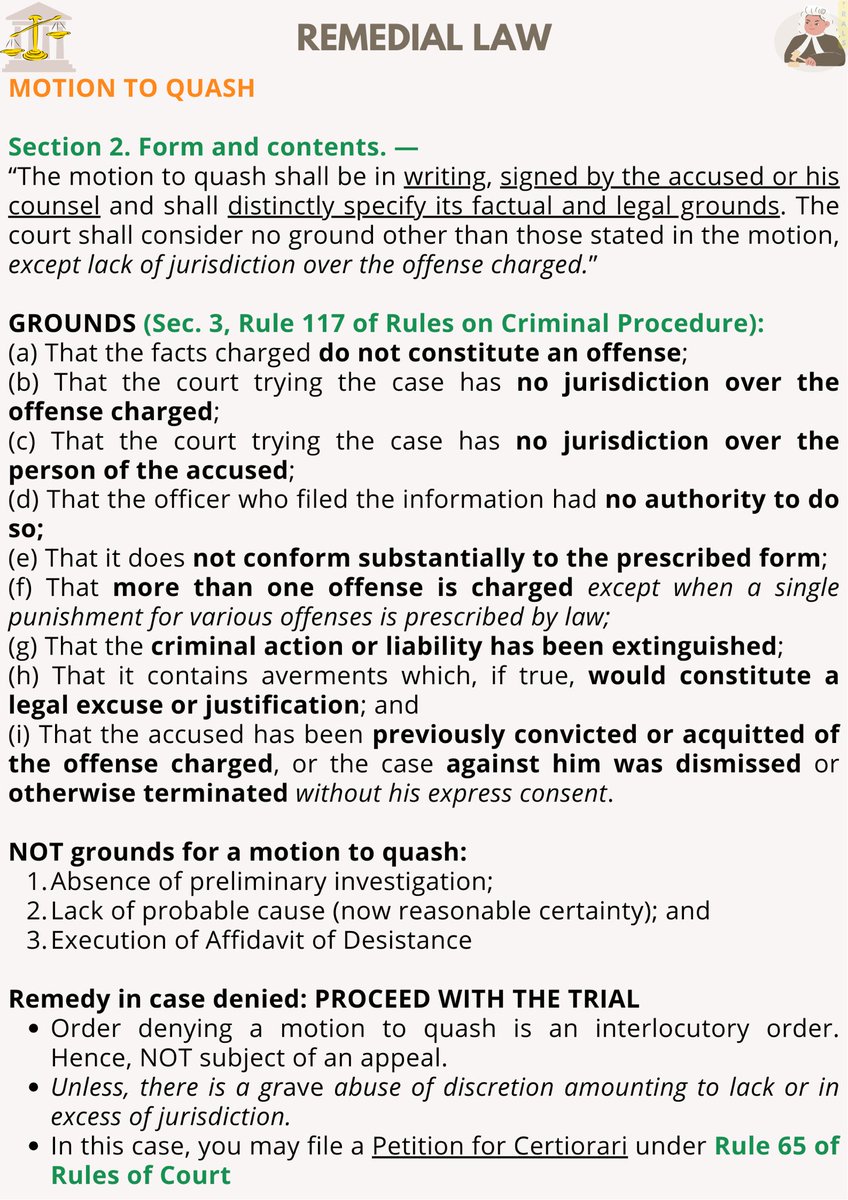 talktoRALS's tweet photo. 📣 REMEDIAL LAW 🚨

Motion To Quash‼️
⚠️ Accused assails the validity of a complaint/information for insufficiency on its face in point of law or for defects that are apparent (People vs. Odtuhan)

#RightsAreLegallySignificant
#AMYingForExcellence
#AmyzingBar2025
#AJustBArAwaitsU https://t.co/4NNTTDaRjj