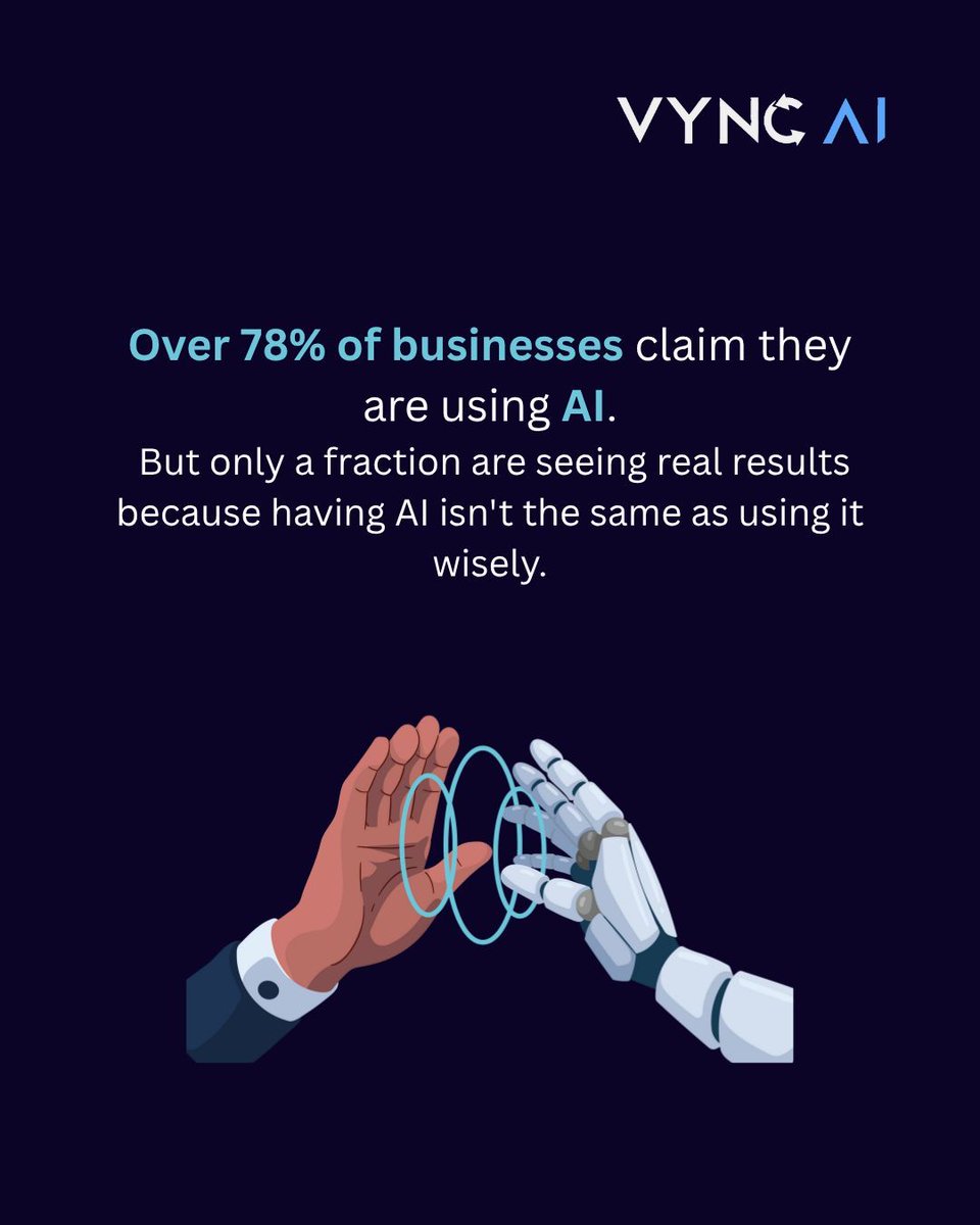 vync_ai's tweet image. 78% of businesses say they use AI — but most don’t see real ROI.
Disconnected tools ≠ smart strategy.
Vync AI builds intelligent agents that actually perform, not just impress.
