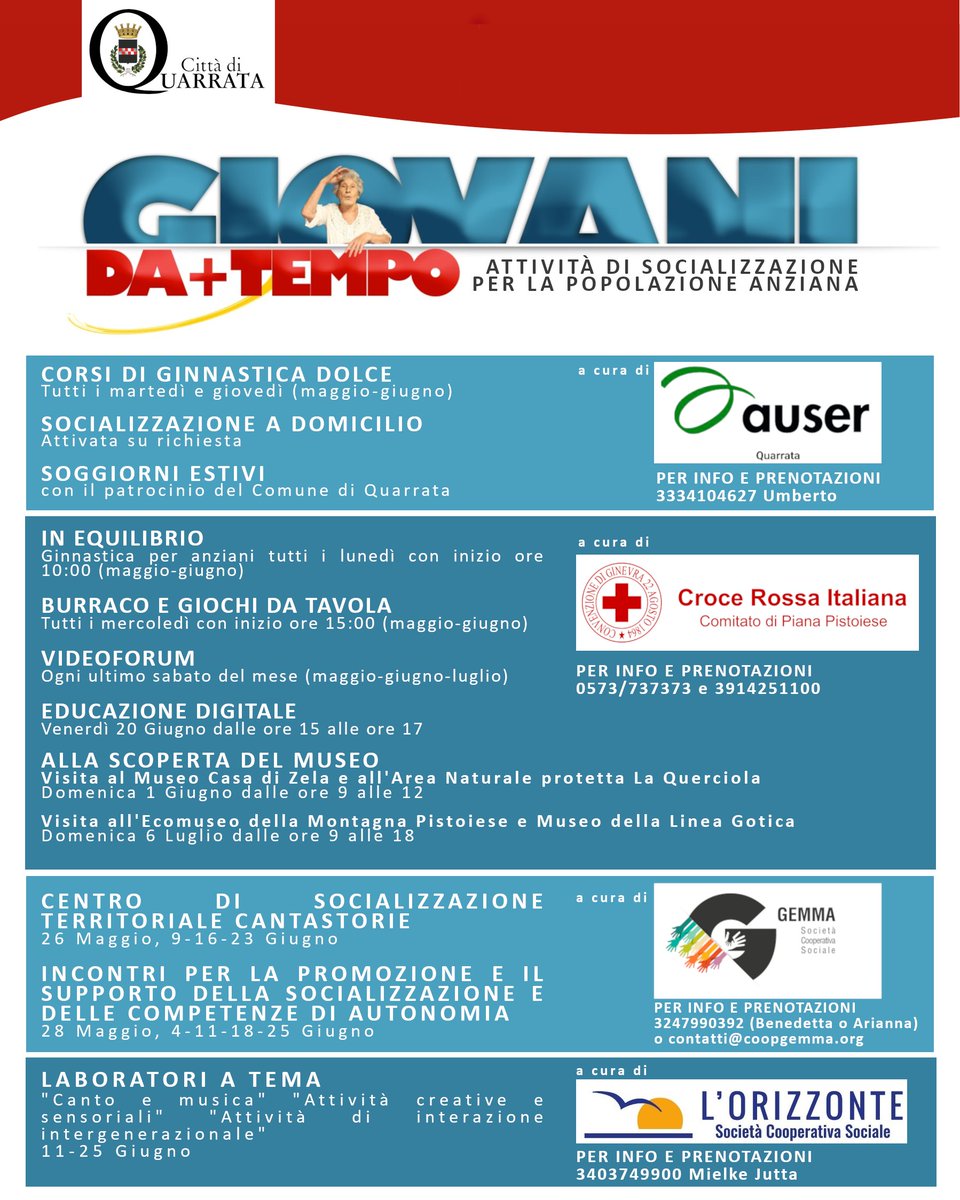 👩‍🦳 GIOVANI DA +TEMPO AL VIA
Da maggio a luglio attività di promozione del benessere e di socializzazione per la popolazione anziana: dai corsi di ginnastica dolce alle gite passando per soggiorni estivi, laboratori a tema e molto altro ancora
👉bit.ly/4mpeNCK
