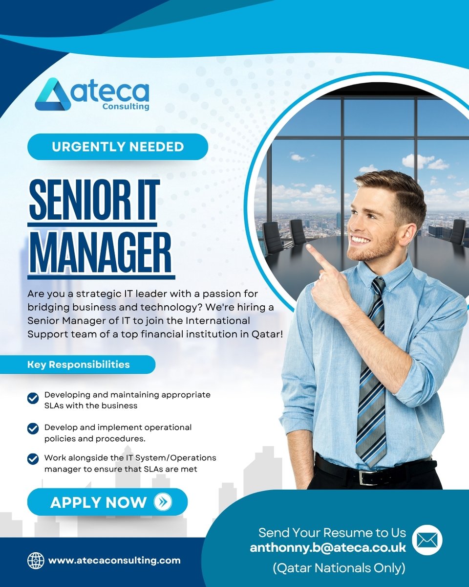 Hiring: Senior Manager – IT (International Support)
Location: Qatar |  Leading Financial Institution

We’re seeking an experienced Senior Manager – IT to act as the key bridge between IT and business operations for a prestigious bank in Qatar. 

linkedin.com/jobs/view/4235…