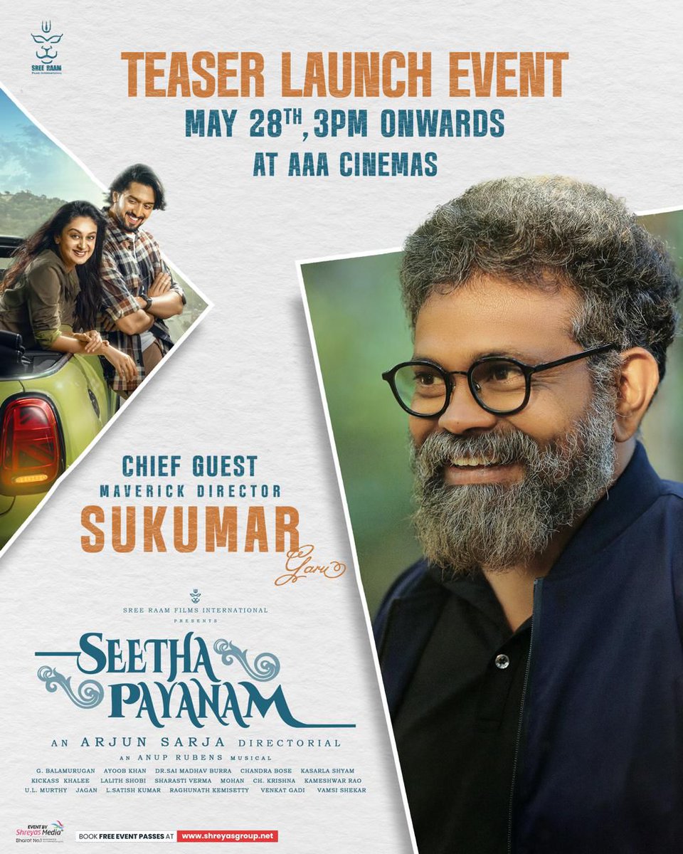 Telugu Film PROs Association (@yourtfpa) on Twitter photo The genius filmmaker is coming to bless the young team β¨
Maverick director <a href="/aryasukku/">Sukumar</a> Garu will launch the #SeethaPayanam Teaser in a grand event β€βπ₯
May 28th, 3 PM onwards at AAA Cinemas π€©
<a href="/akarjunofficial/">Arjun</a> #AishwaryaArjun <a href="/NiranjanSudhi/">πππππΌππ
πΌπ</a> <a href="/DhruvaSarja/">Dhruva Sarja</a> <a href="/anuprubens/">anuprubens</a> The genius filmmaker is coming to bless the young team β¨
Maverick director <a href="/aryasukku/">Sukumar</a> Garu will launch the #SeethaPayanam Teaser in a grand event β€βπ₯
May 28th, 3 PM onwards at AAA Cinemas π€©
<a href="/akarjunofficial/">Arjun</a> #AishwaryaArjun <a href="/NiranjanSudhi/">πππππΌππ
πΌπ</a> <a href="/DhruvaSarja/">Dhruva Sarja</a> <a href="/anuprubens/">anuprubens</a>