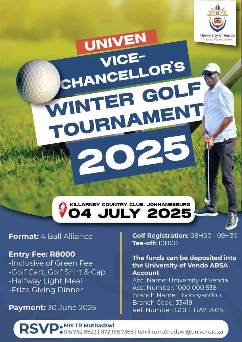 𝐔𝐍𝐈𝐕𝐄𝐍 𝐕𝐈𝐂𝐄-𝐂𝐇𝐀𝐍𝐂𝐄𝐋𝐋𝐎𝐑'𝐒 𝐖𝐈𝐍𝐓𝐄𝐑 𝐆𝐎𝐋𝐅 𝐓𝐎𝐔𝐑𝐍𝐀𝐌𝐄𝐍𝐓 𝟐𝟎𝟐𝟓

Venue: Killarney Country Club, Johannesburg
Date: 04 July 2025

#UNIVENGolfDay #CreatingFutureLeaders