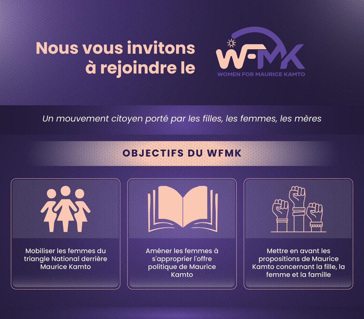 Le mouvement WOMEN FOR MAURICE KAMTO - WFMK repose sur un idéal politique de changement pacifique au sommet de notre État

Femmes, 
Filles, 
Mères, 
Sympathisantes à la vision portée par le candidat Maurice Kamto, 
Ceci vous concerne 🙏

N.B. : Adhésion libre et ouverte à toutes