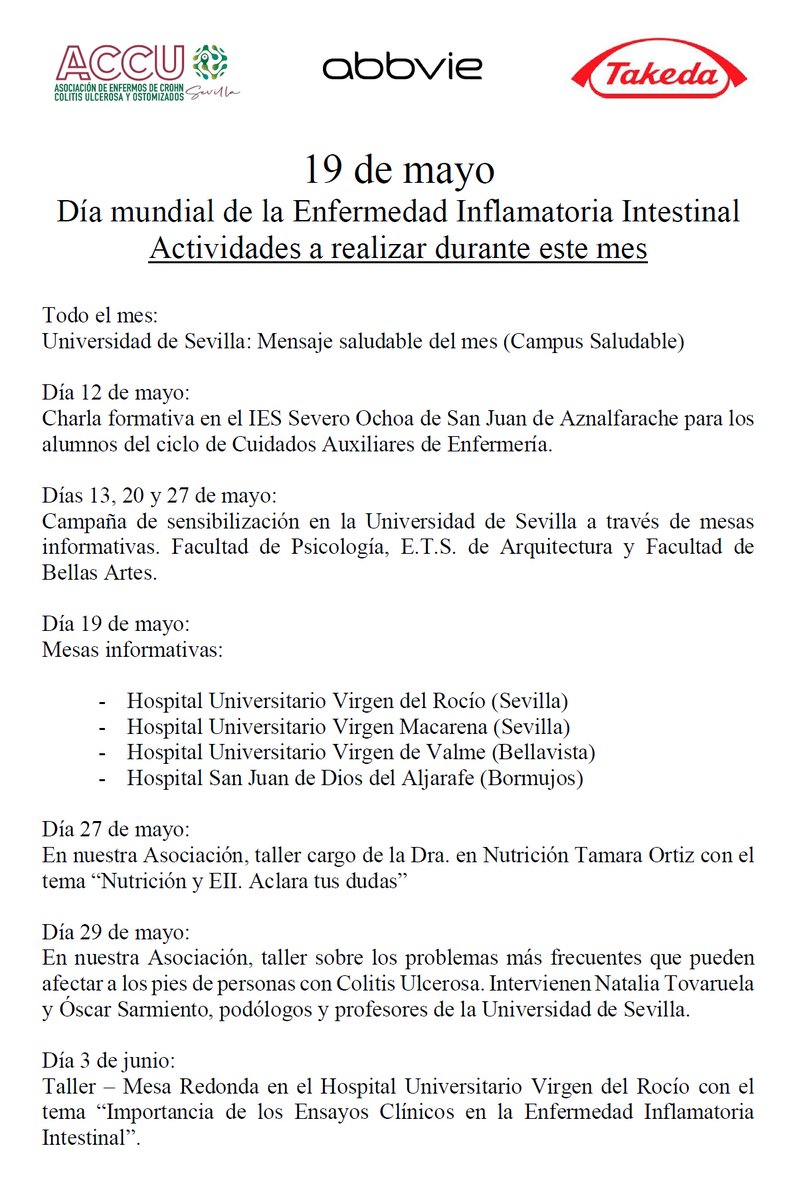 ACCU Sevilla (@accusevilla) on Twitter photo 📷 19 MAYO | #DíaMundialEII 📷
Hoy seguimos con la Campaña de Sensibilización en la <a href="/unisevilla/">Universidad de Sevilla</a> con una mesa informativa en la <a href="/BBAA_us/">Facultad de Bellas Artes US</a>.
Empezamos a las 11.00 H.
<a href="/AbbVie_ES/">AbbVie España</a>
<a href="/Takeda_ES/">Takeda_ES</a>
#VisibilidadEII #Crohn #ColitisUlcerosa #ostomías 📷 19 MAYO | #DíaMundialEII 📷
Hoy seguimos con la Campaña de Sensibilización en la <a href="/unisevilla/">Universidad de Sevilla</a> con una mesa informativa en la <a href="/BBAA_us/">Facultad de Bellas Artes US</a>.
Empezamos a las 11.00 H.
<a href="/AbbVie_ES/">AbbVie España</a>
<a href="/Takeda_ES/">Takeda_ES</a>
#VisibilidadEII #Crohn #ColitisUlcerosa #ostomías