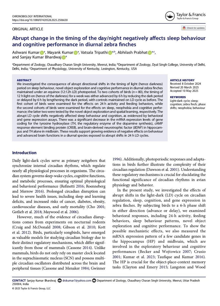 Ashwani Kumar Bhati (@ashwani9682) on Twitter photo Our new study in Chronobiology International shows how abrupt day/night shifts harm sleep and cognition in birds. Grateful to co-authors & mentors, esp. Prof. S.K. Bhardwaj & <a href="/biorhythmslab/">Vinod Kumar</a>. Read:doi.org/10.1080/074205…
#SleepScience #CircadianRhythms #ZebraFinch Our new study in Chronobiology International shows how abrupt day/night shifts harm sleep and cognition in birds. Grateful to co-authors & mentors, esp. Prof. S.K. Bhardwaj & <a href="/biorhythmslab/">Vinod Kumar</a>. Read:doi.org/10.1080/074205…
#SleepScience #CircadianRhythms #ZebraFinch