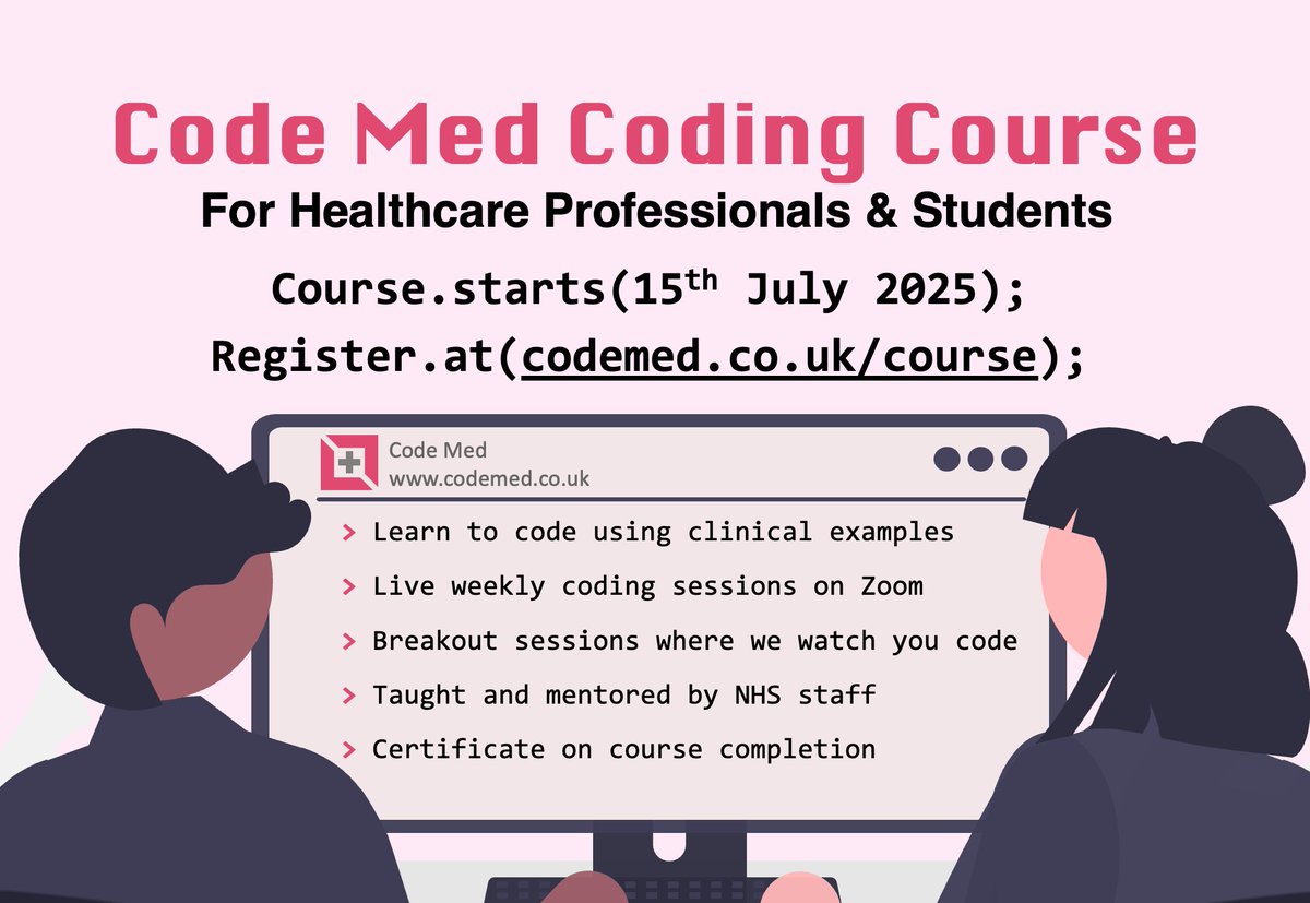 🤔 Looking to diversify your skillset &amp; your career in healthcare?

Check out our <a href="/Code_Med_/">Code Med</a>  Coding Course, starting 15th July 2025

1️⃣ Learn to code clinically themed apps
2️⃣ Taught by NHS staff
3️⃣ Certificate on course completion

Register codemed.co.uk/course/

#MedTwitter