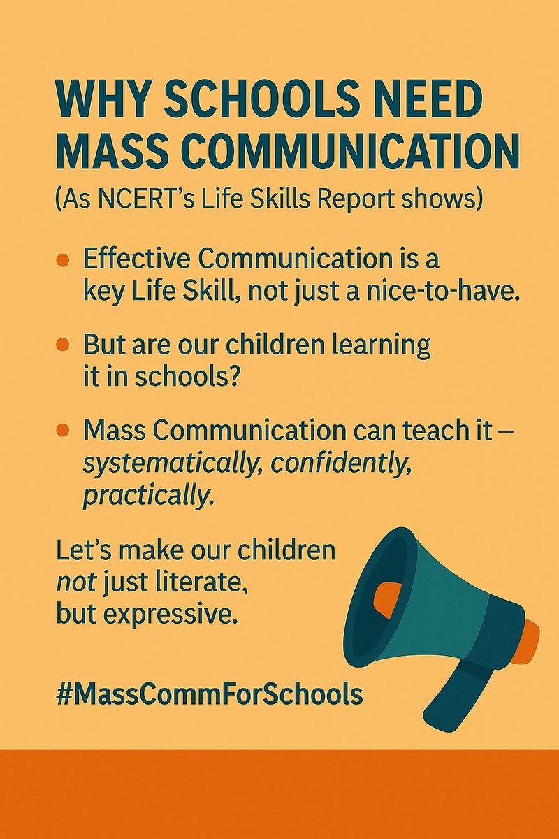 MassCom4Schools's tweet photo. @ncert की Life Skills रिपोर्ट का समर्थन

NCERT की रिपोर्ट में ‘Effective Communication’ को प्रमुख Life Skill बताया गया है।
लेकिन क्या आपके बच्चे इसे स्कूल में सीखते हैं?
जनसंचार विषय इसे व्यवस्थित रूप से सिखा सकता है।
#MassCommForSchools https://t.co/neWatxqkKT