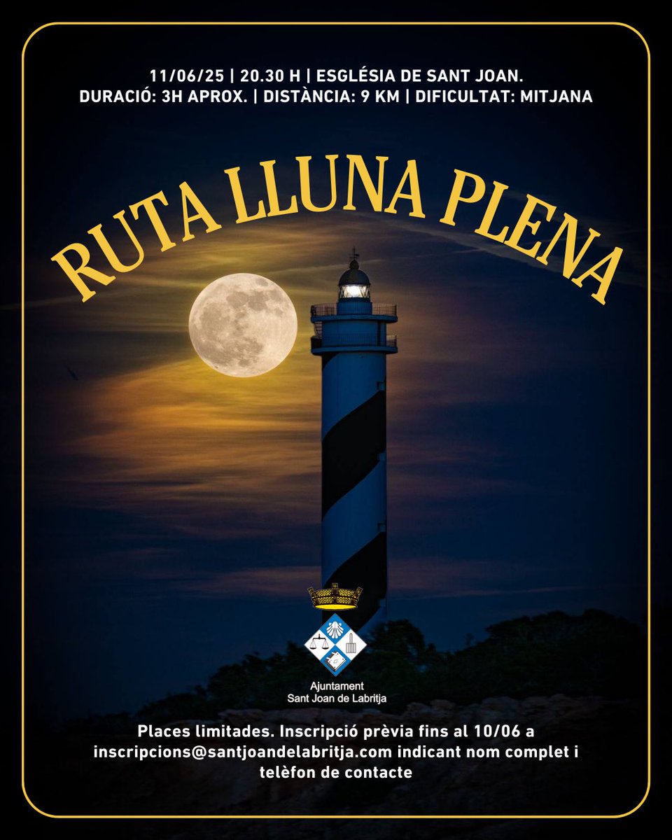 Ajuntament de Sant Joan de Labritja. (@delabritja) on Twitter photo 🌕 Ruta Lluna Plena – 11/06
🚶♀️ Caminada des de Sant Joan.
📍 Posta de sol i sortida de lluna entre turons
🕣 20.30 h – 23.30 h | 9 km
📩 Inscripcions fins al 10/06: inscripcions@santjoandelabritja.com
#santjoandelabritja #santjoan #eivissa #ibiza 🌕 Ruta Lluna Plena – 11/06
🚶♀️ Caminada des de Sant Joan.
📍 Posta de sol i sortida de lluna entre turons
🕣 20.30 h – 23.30 h | 9 km
📩 Inscripcions fins al 10/06: inscripcions@santjoandelabritja.com
#santjoandelabritja #santjoan #eivissa #ibiza