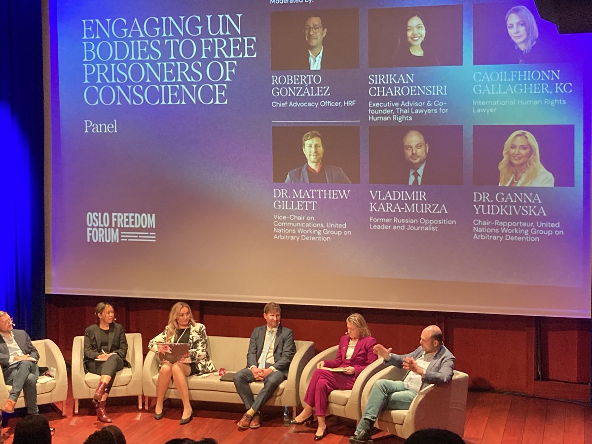 benedictrogers's tweet photo. A fabulous session yesterday afternoon at @OsloFF on engaging UN bodies to free prisoners of conscience, with the Chair and Vice-Chair of the UN Working Group on Arbitrary Detention, as well as the wonderful @caoilfhionnanna and the amazing @vkaramurza #OFF2025 #OsloFreedomForum https://t.co/CWKgmvW3BP