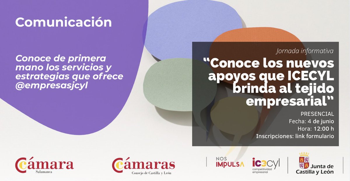 Cámara de Salamanca (@camsalamanca) on Twitter photo 📢 ¡Atención empresas y emprendedores!
¿Conoces todos los apoyos que el ICECYL tiene para ti?
🗓 4/6
📍 Salón de Actos – Cámara de Comercio (Plaza Sexmeros, 2)
💬 Con la participación de <a href="/empresasjcyl/">Competitividad Empresarial JCyL</a>
🎯 ¡Resolvemos todas tus dudas !
🔗 Inscripción forms.gle/hdRXUFjnUmAG5b… 📢 ¡Atención empresas y emprendedores!
¿Conoces todos los apoyos que el ICECYL tiene para ti?
🗓 4/6
📍 Salón de Actos – Cámara de Comercio (Plaza Sexmeros, 2)
💬 Con la participación de <a href="/empresasjcyl/">Competitividad Empresarial JCyL</a>
🎯 ¡Resolvemos todas tus dudas !
🔗 Inscripción forms.gle/hdRXUFjnUmAG5b…