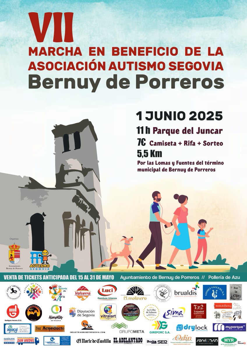 🎉 ¡Llega la VII Marcha de Bernuy de Porreros!
🚶‍♀️🚶‍♂️ Ven a disfrutar de un día lleno de solidaridad caminando por una buena causa 💙
📅 1 de junio 2025
🕚 11:00h  Parque del Juncar
📍  5,5 km 
💶 Donativo: 7 € (camiseta, rifa y sorteo)
❤️ ¡Te esperamos!
#TuEresAluciante
#Autismo