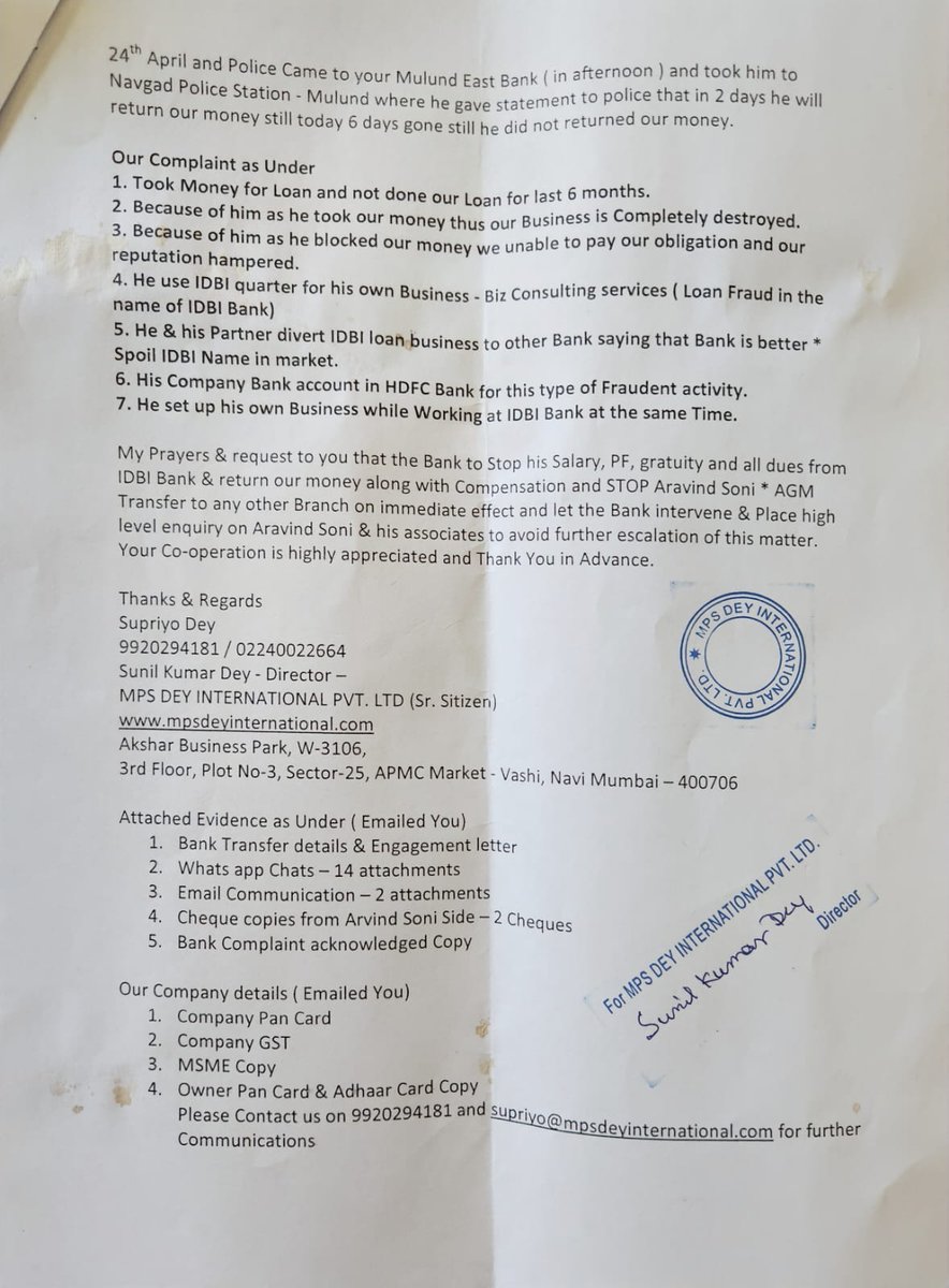 MpsDey's tweet photo. @LabourMinistry A person named ARVIND SONI * AGM IDBI BANK ( M - 9983760004 / 8949350566) from Mulund East branch took Rs 15 lacs from our Company MPS DEY INTERNATIONAL PVT LTD in the month of Nov for Loan processing. He did not process our loan NOR he returned back our money. https://t.co/0fg62MFAbt