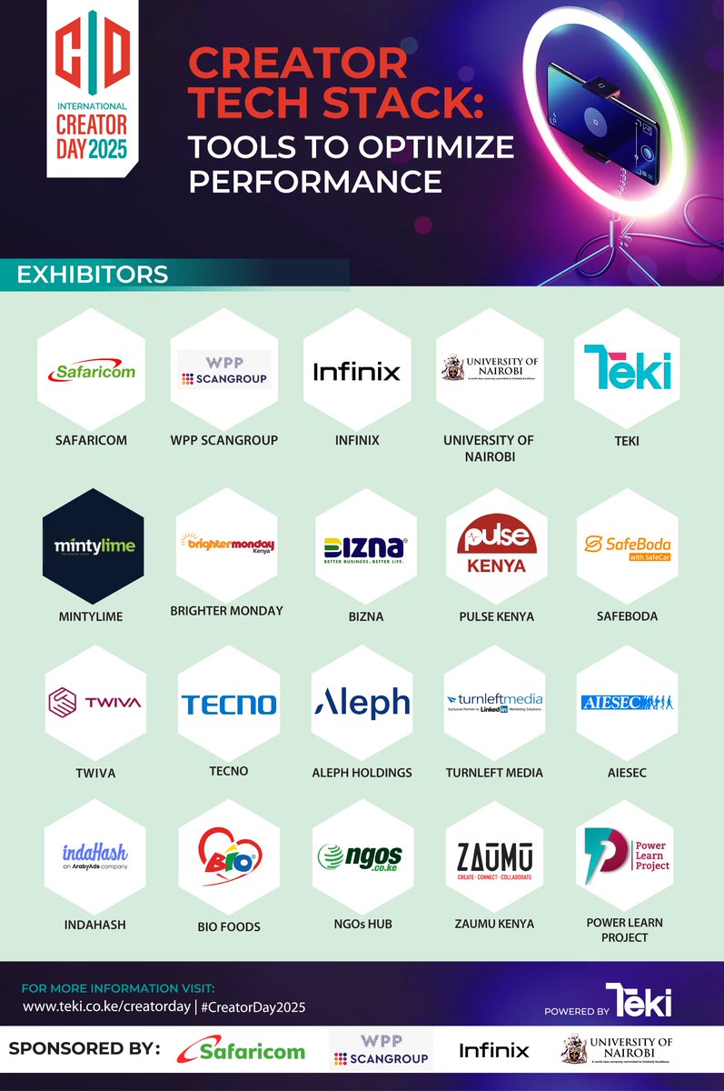 TEKI (@tekiltd) on Twitter photo A huge shoutout & THANK YOU to ALL our incredible #CreatorDay2025 Sponsors & Exhibitors! Your support made the event a massive success!
π Gold: <a href="/SafaricomPLC/">Safaricom PLC</a>
π₯ Silver: <a href="/WPPScangroup_/">WPP-Scangroup</a>
π₯ Bronze: <a href="/InfinixKenya/">InfinixKenya</a>
π€ Partner: <a href="/uonbi/">University of Nairobi</a>
#TekiEvents #Teki #ThankYou A huge shoutout & THANK YOU to ALL our incredible #CreatorDay2025 Sponsors & Exhibitors! Your support made the event a massive success!
π Gold: <a href="/SafaricomPLC/">Safaricom PLC</a>
π₯ Silver: <a href="/WPPScangroup_/">WPP-Scangroup</a>
π₯ Bronze: <a href="/InfinixKenya/">InfinixKenya</a>
π€ Partner: <a href="/uonbi/">University of Nairobi</a>
#TekiEvents #Teki #ThankYou