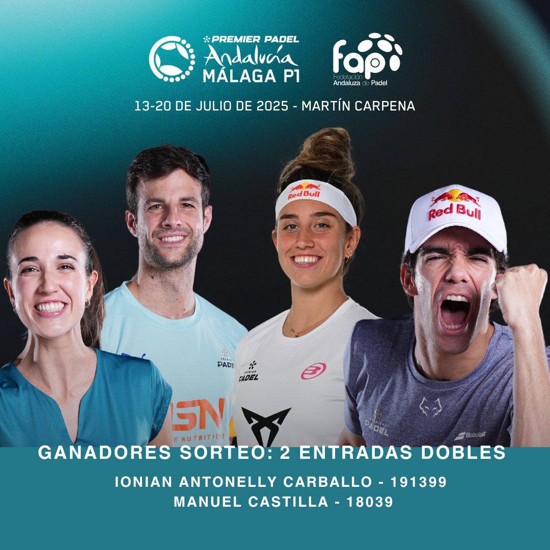 🍀 Seguimos anunciando ganadores de las 2 Entradas Dobles #AndalucíaMálagaPremierPádelP1 

🔹Ionian Antonelly Carballo 
🔹 Manuel Castilla

¡Enhorabuena! 

#FAP #SomosFap #padel #PremierPadel #Malaga
