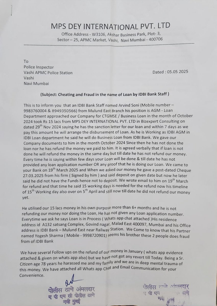 MpsDey's tweet photo. @REDBOXINDIA A person named ARVIND SONI * AGM IDBI BANK ( M - 9983760004 / 8949350566) from Mulund East branch took Rs 15 lacs from our Company MPS DEY INTERNATIONAL PVT LTD in the month of Nov for Loan processing. He did not process our loan NOR he returned back our money. Help https://t.co/ItmzbCfyd0
