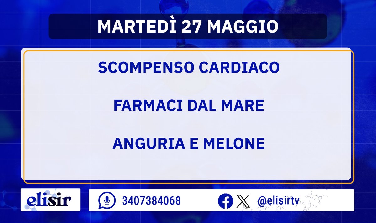 Buongiorno amiche e amici di #Elisir! Alle 10:15 dagli studi di Saxa Rubra inizia una nuova diretta. Oggi, insieme ai nostri esperti, parleremo di scompenso cardiaco, ci occuperemo dei farmaci che vengono dal mare e parleremo delle proprietà dell'anguria e del melone.