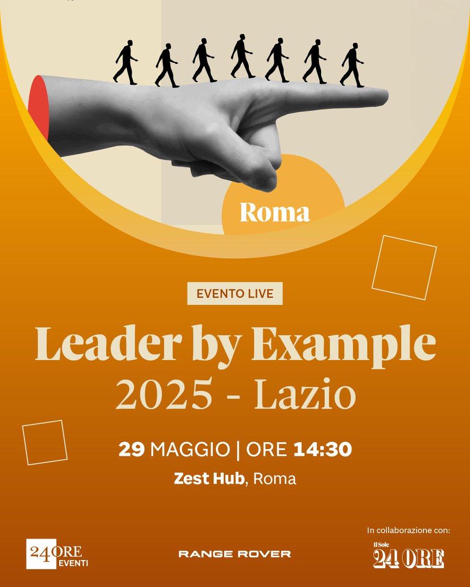 NewsUnindustria's tweet image. #Imprenditori e #leadership, è in arrivo a Roma il roadshow #LeaderByExample promosso da @sole24ore e @RangeRover con il nostro patrocinio:

🗓️ Giovedì 29 maggio 2025 
🕝 Ore 14.30 
📍 Zest Group Hub, Roma

Scopri di più e partecipa:
🌐 lnkd.in/dv2FNjMS

#PMI #Unindustria