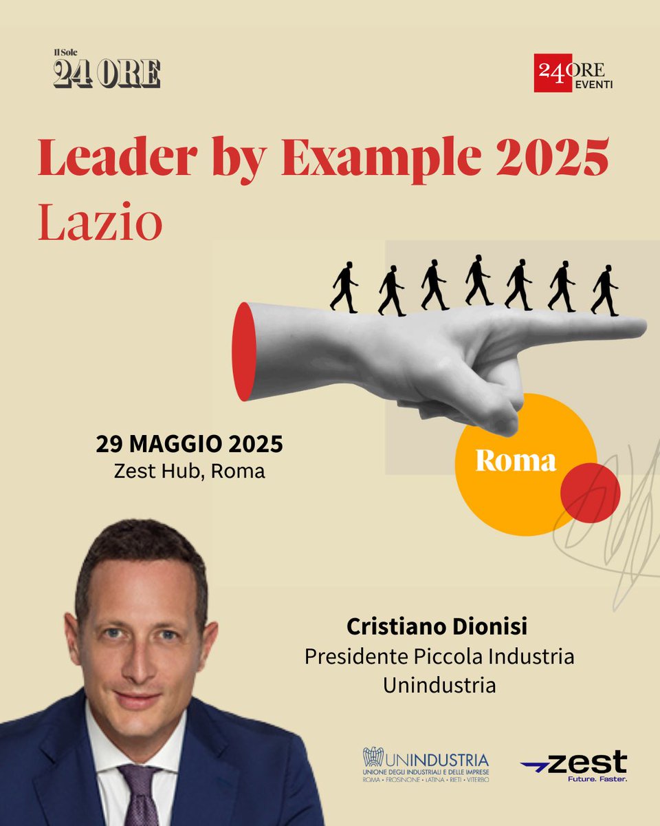 NewsUnindustria's tweet image. #Imprenditori e #leadership, è in arrivo a Roma il roadshow #LeaderByExample promosso da @sole24ore e @RangeRover con il nostro patrocinio:

🗓️ Giovedì 29 maggio 2025 
🕝 Ore 14.30 
📍 Zest Group Hub, Roma

Scopri di più e partecipa:
🌐 lnkd.in/dv2FNjMS

#PMI #Unindustria
