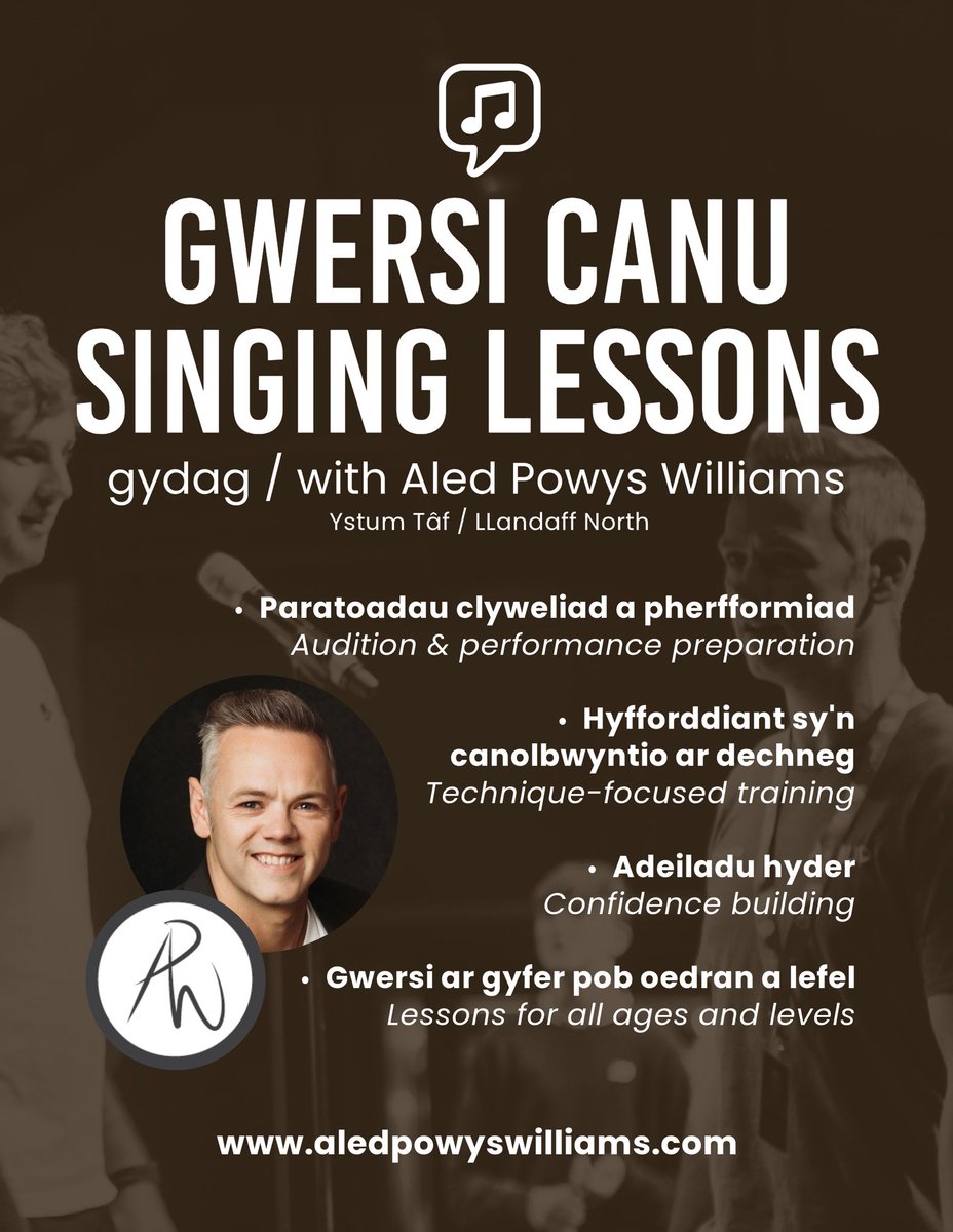 Gwersi Canu 🎶 Mis Mehefin
-
Singing Lessons 🎶 Now booking for June

Limited slots available

All styles welcome - book via my website

aledpowyswilliams.com

#Canu #GwersiCanu #VocalCoaching #Singing #SingingLessons #caerdydd #cardiff #yagym