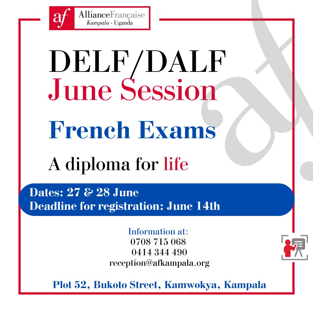 Looking for an internationally recognised diploma to evaluate your ability to communicate in French? 

Sign up for the DELF exam and get a certificate that's valid for life. Secure your spot before Saturday 14th, June, 2025. 

Register here: afkampala.org/delf-dalf/#/