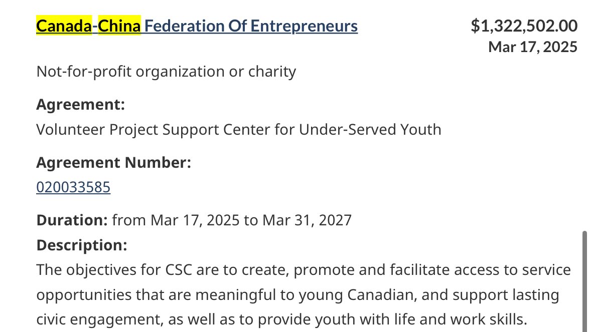 RealAndyLeeShow's tweet image. The Canada China Federation of Entrepreneurs (加中企业家联合会) received $1.3 million in taxpayer cash before the election after meeting with and promoting Mark Carney in March.