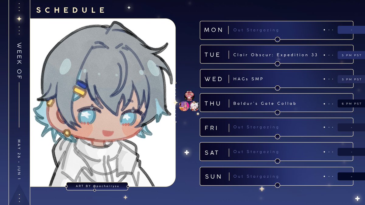 Ryusei💫Solaris (@ryuseisolaris) on Twitter photo 🌟Stream Schedule May 26 - Jun 1🌟
June is somehow my busiest month so far this year.
Streaming the HAGs SMP this week also!
HAGs SMP Roster: hagcraft.carrd.co/#roster
T: #Expedition33
W: #Minecraft
Th: #BaldursGate w/ <a href="/elacium/">Lacie 👑♠️ - Big Things Coming</a> <a href="/kukuagiri/">kukuagiri | grim reaper vtuber</a> <a href="/RaisuPudding/">🍚Pudding - Snaccubus Vtuber</a>
#ENVtuber 🌟 #VtuberUprising 🌟Stream Schedule May 26 - Jun 1🌟
June is somehow my busiest month so far this year.
Streaming the HAGs SMP this week also!
HAGs SMP Roster: hagcraft.carrd.co/#roster
T: #Expedition33
W: #Minecraft
Th: #BaldursGate w/ <a href="/elacium/">Lacie 👑♠️ - Big Things Coming</a> <a href="/kukuagiri/">kukuagiri | grim reaper vtuber</a> <a href="/RaisuPudding/">🍚Pudding - Snaccubus Vtuber</a>
#ENVtuber 🌟 #VtuberUprising
