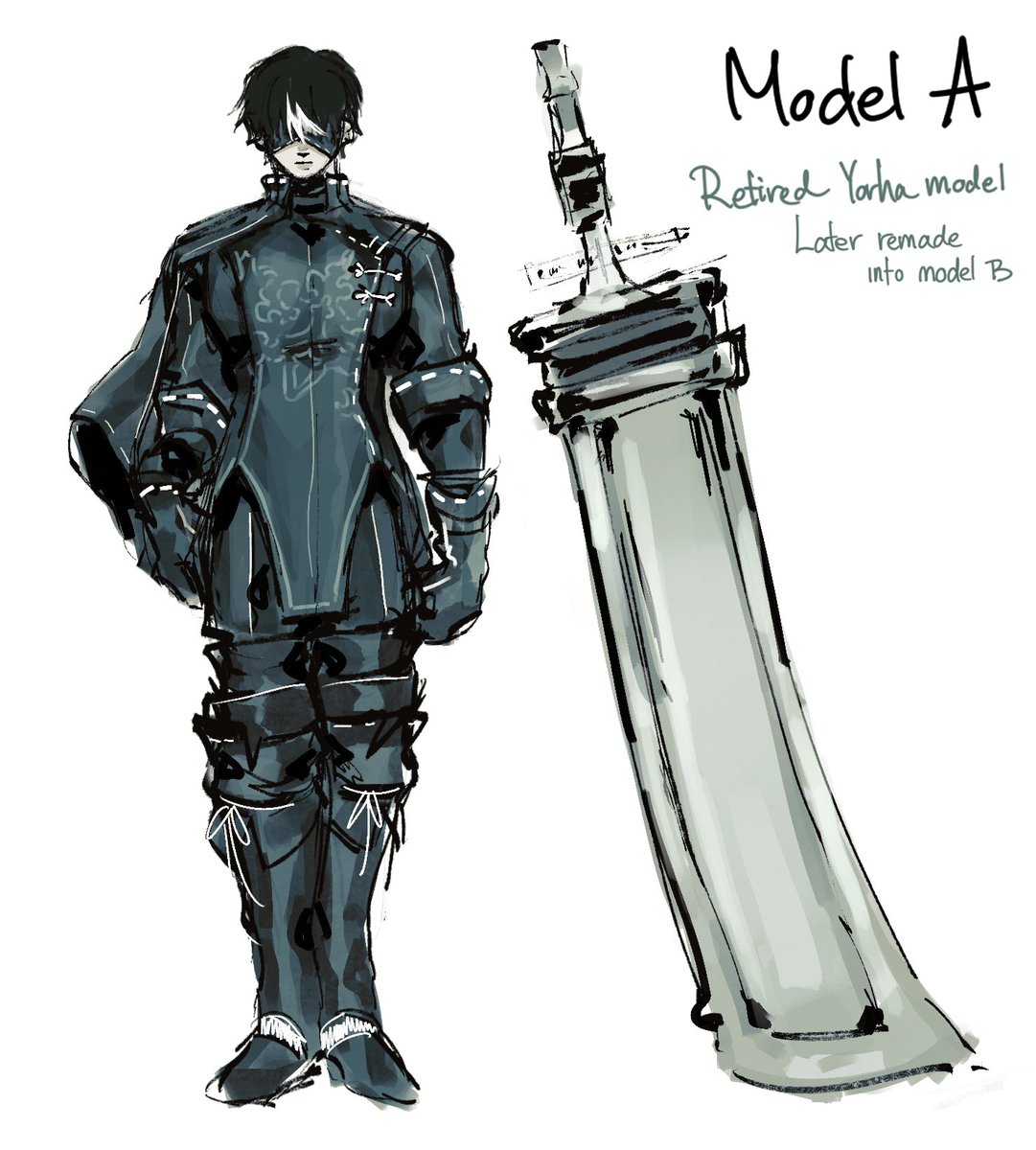 Uniform design! his secondary would probably be a smaller sword but he’d occasionally double wield claymores for the love of the game