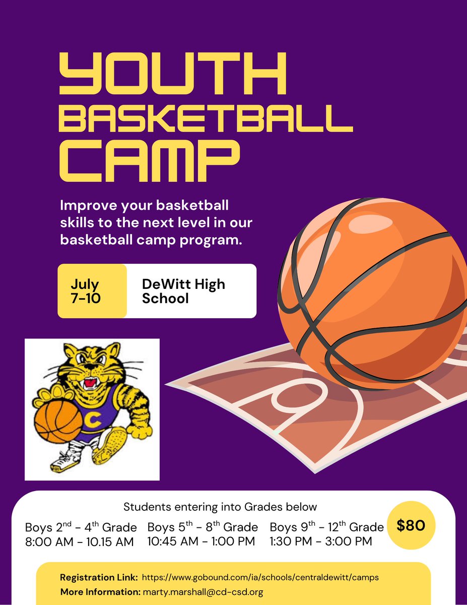 Youth camp will be July 7-10.  Should be up tomorrow to start registration.  You can register at:

gobound.com/ia/schools/cen…