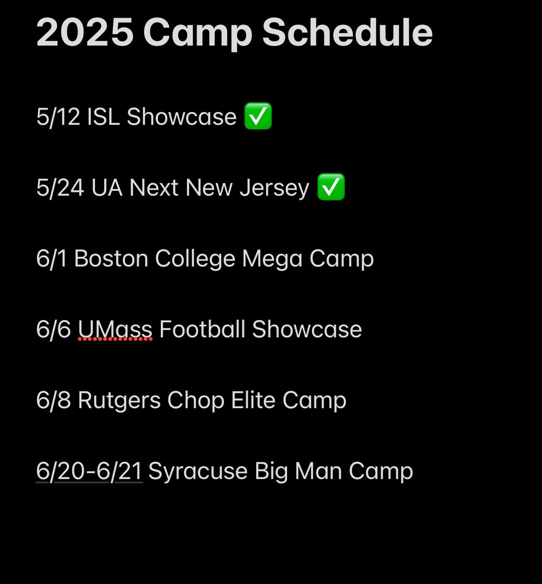 Dominic Maser C/O 2027 (@dominicmaser76) on Twitter photo Current camp schedule! Excited to compete!
(not finalized!)
<a href="/CoachJeffMoore/">Coach Jeff Moore</a>
<a href="/Coach_Applebaum/">Matt Applebaum</a> <a href="/MButlerBCFB/">Michael Butler</a> <a href="/Coach_JDiBiaso/">Jonathan DiBiaso</a> <a href="/OLINEPRIDE/">Kurt Anderson</a> <a href="/coachharasymiak/">Joe Harasymiak</a> <a href="/CoachNoonanRU/">Charlie Noonan</a> <a href="/GregSchiano/">Greg Schiano</a> <a href="/RamonS_RU/">Ramón S. Ruiz 🪓</a> <a href="/CoachJMcNulty/">John McNulty</a> <a href="/allpraisesdue7/">Stack Williams</a> <a href="/drwilliams131/">Dale Williams</a> Current camp schedule! Excited to compete!
(not finalized!)
<a href="/CoachJeffMoore/">Coach Jeff Moore</a>
<a href="/Coach_Applebaum/">Matt Applebaum</a> <a href="/MButlerBCFB/">Michael Butler</a> <a href="/Coach_JDiBiaso/">Jonathan DiBiaso</a> <a href="/OLINEPRIDE/">Kurt Anderson</a> <a href="/coachharasymiak/">Joe Harasymiak</a> <a href="/CoachNoonanRU/">Charlie Noonan</a> <a href="/GregSchiano/">Greg Schiano</a> <a href="/RamonS_RU/">Ramón S. Ruiz 🪓</a> <a href="/CoachJMcNulty/">John McNulty</a> <a href="/allpraisesdue7/">Stack Williams</a> <a href="/drwilliams131/">Dale Williams</a>