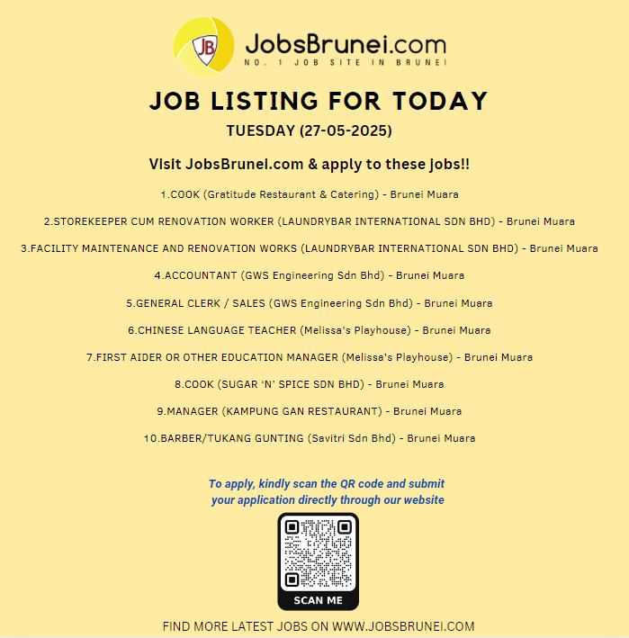 JobsBrunei's tweet photo. Latest jobs available on our job site, posted today. Visit https://t.co/7PJ3NFbCbU to view more newly posted jobs.For more latest jobs, visit the link on our bio or scan QR Code https://t.co/viAi6pf9DJ