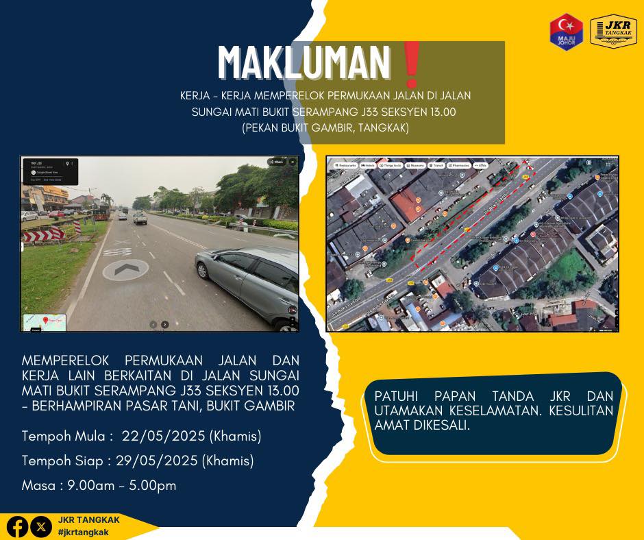 MAKLUMAN 📷
 
KERJA MEMPERELOK PRMUKAAN JLN AKN DIJLNKN DIJLN BKT GAMBIR (PEKAN BKT GAMBIR)-SEK 13.00 PADA :-
 
22.05.2025 - 29.05.2025
9.00 pagi - 5.00 Ptg

 #iamjkr
 #jkrjohor
 #jkrtangkak
 #kementeriankerjaraya
 #MediaDigitalJohor
 #jasakepadarakyat
 #jkrmalaysia
 #bukitgambir