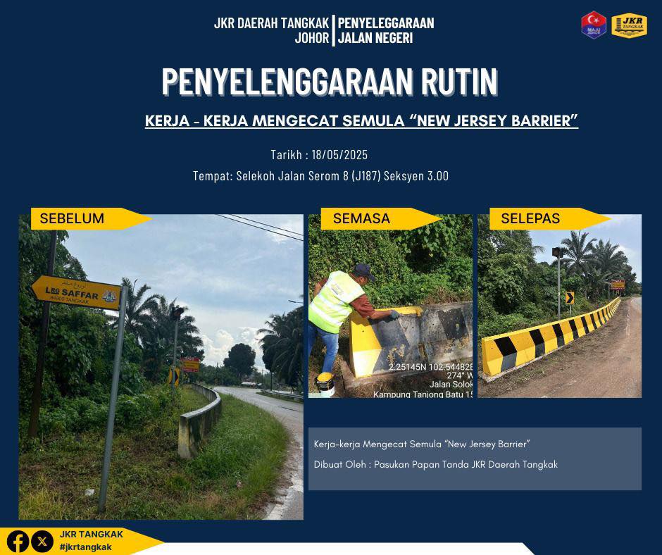 PENYELENGGARAAN JALAN NEGERI 📌
 
KERJA2 MENGECAT "NEW JERSEY BARRIER" OLEH PASUKAN PAPAN TANDA JKR TANGKAK.
 
Jln serom 8 (Solok) sek 3.00
18.05.2025
 
 #iamjkr
 #jkrjohor
 #jkrtangkak
 #kementeriankerjaraya
 #MediaDigitalJohor
 #jasakepadarakyat
 #teamsignboardjkrtangkak