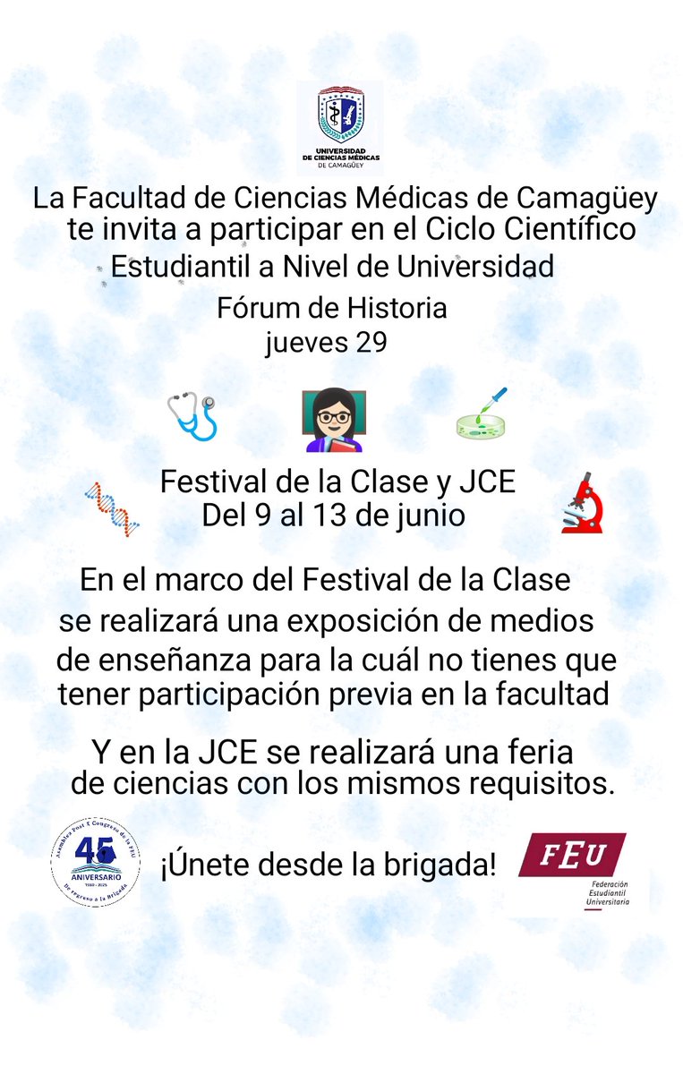 La Facultad te invita a participar en el Ciclo Científico Estudiantil a nivel de Universidad. 

¡Únete desde la brigada!

#UnaNuevaFEU
#GenteQueSuma