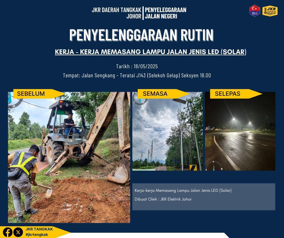 PENYELENGGARAAN JALAN NEGERI DAERAH TANGKAK📌
 
KERJA2 MEMASANG LAMPU LED JENIS SOLAR DI JLN SENGKANG-TERATAI (J143) SEK 18.00 OLEH JKR ELEKTRIK JOHOR
 
 #iamjkr
 #jkrjohor
 #jkrtangkak
 #kementeriankerjaraya
 #MediaDigitalJohor
 #jasakepadarakyat
 #jkrmalaysia
 #jkrelektrikjohor