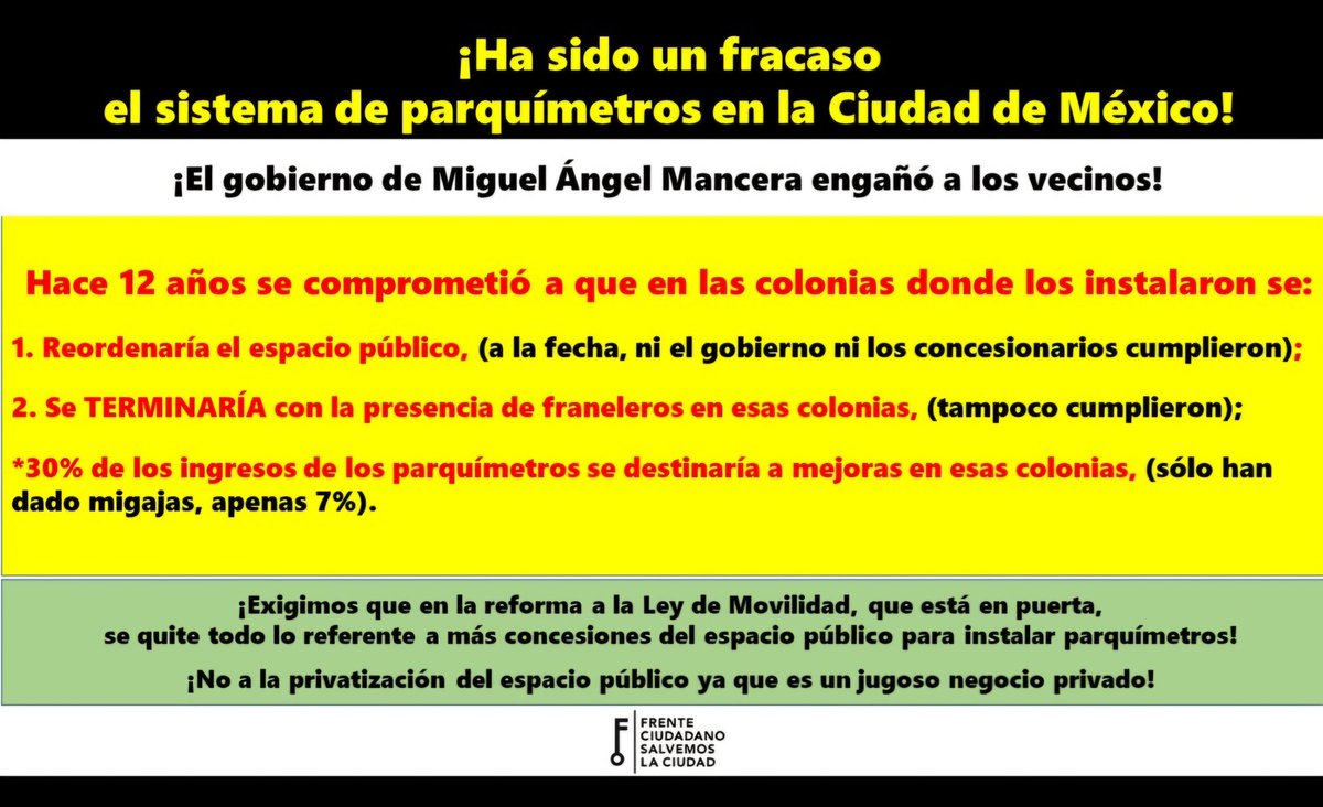 <a href="/ClaraBrugadaM/">Clara Brugada Molina</a> <a href="/GobCDMX/">Gobierno de la Ciudad de México</a> <a href="/EreCruzvillegas/">Ere Cruzvillegas</a> <a href="/CDMXConsejeria/">ConsejeríaCDMX</a> <a href="/HectorUlisesGN/">Héctor Ulises García Nieto</a> <a href="/LaSEMOVI/">Secretaría de Movilidad CDMX</a> <a href="/craviotocesar/">César Cravioto</a> <a href="/XochitlBravoE/">Xóchitl Bravo</a> <a href="/brendaruiza/">Brenda Ruiz</a> <a href="/EscartinMiguel/">Miguel Angel Macedo Escartin</a> <a href="/LeonorOtegui/">Leonor Otegui</a> <a href="/FernandoZarateS/">Fernando Zárate S</a> <a href="/Congreso_CdMex/">Congreso de la Ciudad de México</a> <a href="/GPMorenaCdMex/">Grupo Parlamentario de Morena en Ciudad de México</a> <a href="/lajornadaonline/">La Jornada</a> <a href="/reformaciudad/">CIUDAD</a> <a href="/Univ_Metropoli/">Metrópoli</a>  #Fracasaronlosparquimetros