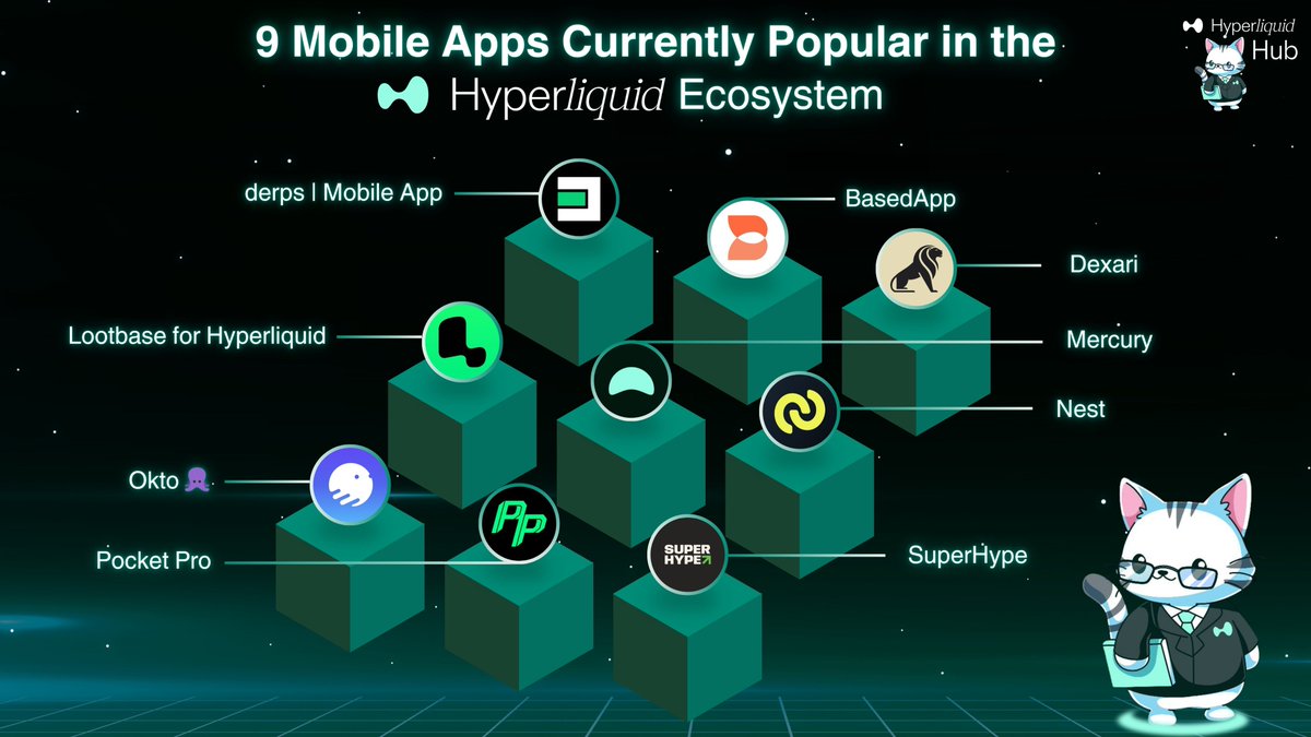 9 Mobile Apps Currently Popular in the #Hyperliquid Ecosystem: 1. Derps:  @DerpsORG 2. Based App: @basedappHQ 3. Dexari: @DexariDotCom 4. Lootbase:  @LootbaseX 5. Mercury: @MercuryappHL 6. Nest Trade: @nest_trade 7. Okto  Wallet: @