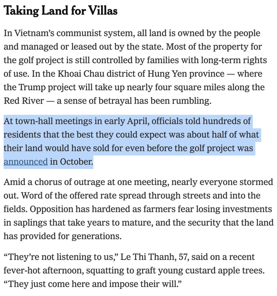 As Trump claims to be outraged by land expropriation in South Africa, his company is displacing farmers in Vietnam to develop golf courses.