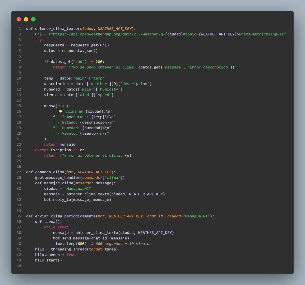 Jarez_Dev's tweet image. #100DaysOfCodepython #100DiasDeCodigoel reto de 100 días en mi día 73 desarrollando un bot para Wordpress usando el api de clima agregue una función para que envié el reporte del clima cada 10 mínutos también agregue una función espejo que todo lo que ponga ella solo lo regrese
