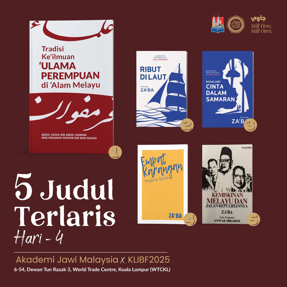 5 Terlaris Hari Keempat 

1. Tradisi Keilmuan Ulama Perempuan 
2. Ribut di Laut
3. Rosalind: Cinta dalam Samaran 
4. Empat Karangan Pendeta Za’ba
5. Jalan Kemiskinan Melayu

Akademi Jawi Malaysia
6-54, Dewan Tun Razak 3
23 Mei - 1 Jun 2025
10 pagi - 10 malam