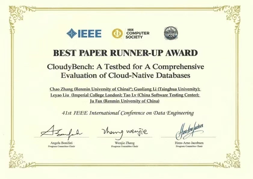 thudcst's tweet image. 🏆Big congrats to #Tsinghua DCST’s Prof. Guoliang Li & team for receiving the Best Paper Runner-Up Award at #ICDE2025! 🎉 Their paper "CloudyBench" introduces a groundbreaking testbed for evaluating cloud-native databases with tailored workloads & unified metrics.
