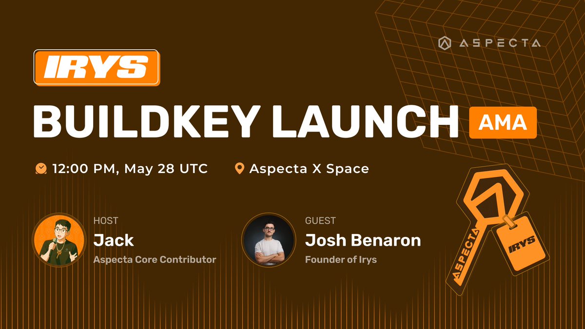 Aspecta - BuildKey π (@aspecta_ai) on Twitter photo ποΈ Join us for an exclusive AMA with the <a href="/irys_xyz/">Irys (β§α΄β§)</a> team as we dive into Irys updates, the upcoming Irys BuildKey launch on May 29, and whatβs ahead.
π
Date: May 28, 12:00 PM (UTC)
π Link: x.com/i/spaces/1djxXβ¦
π Rewards: 10 USDT for each selected question
π― How to join:
- ποΈ Join us for an exclusive AMA with the <a href="/irys_xyz/">Irys (β§α΄β§)</a> team as we dive into Irys updates, the upcoming Irys BuildKey launch on May 29, and whatβs ahead.
π
Date: May 28, 12:00 PM (UTC)
π Link: x.com/i/spaces/1djxXβ¦
π Rewards: 10 USDT for each selected question
π― How to join:
-