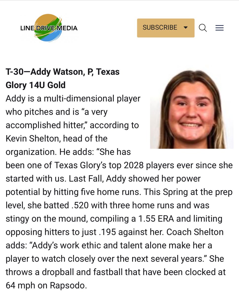 Thank you <a href="/LineDsoftball/">Line Drive Media</a> for including me in your Class of 2028 Top 100!  This class is stacked with talent and I’m honored to be recognized!  

<a href="/TexasGlory/">Texas Glory</a> 
<a href="/BosSoftball/">Boswell Softball</a>