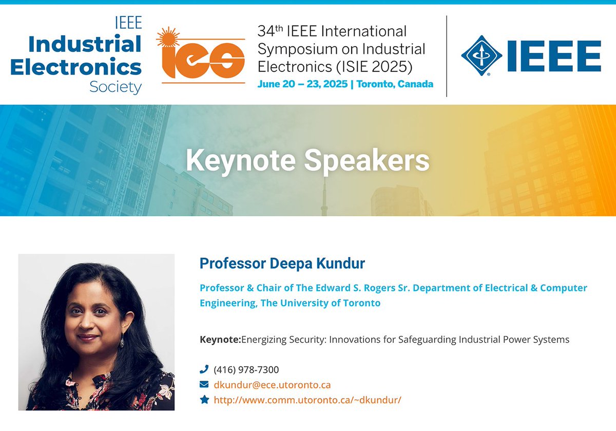 Excited to be giving a keynote at #ISIE2025 this June!

📅 June 20–23
🎤 Energizing Security: Innovations for Safeguarding Industrial Power Systems
Let’s talk cyber-physical resilience in the age of intelligent power systems. Hope to see you there!